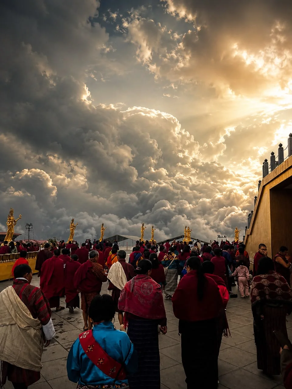 A spiritual gathering beneath dramatic clouds and golden light in Bhutan
